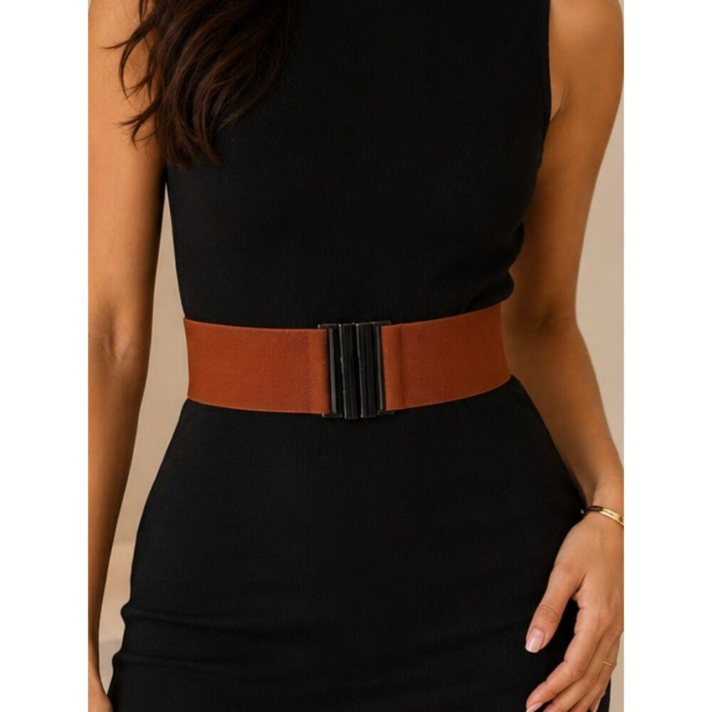 Wide Brown Stretch Waist Belt Black Geometric Clasp Elastic Cinch Retro Boho